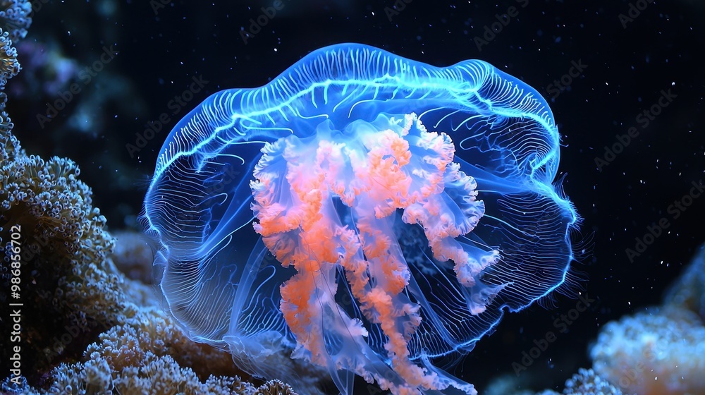 Obraz premium Bioluminescent Jellyfish with Coral Reef Background