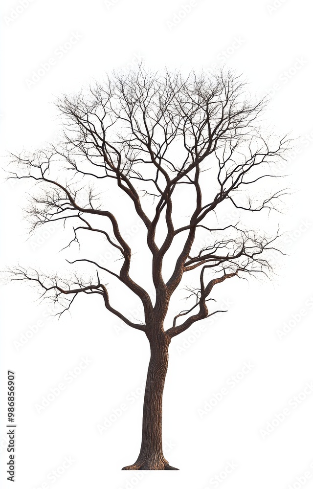 A bare, leafless tree stands solitary against a white background, showcasing its intricate branches and natural form. A bare, leafless tree stands solitary against a white background, showcasing its intricate branches and natural form.