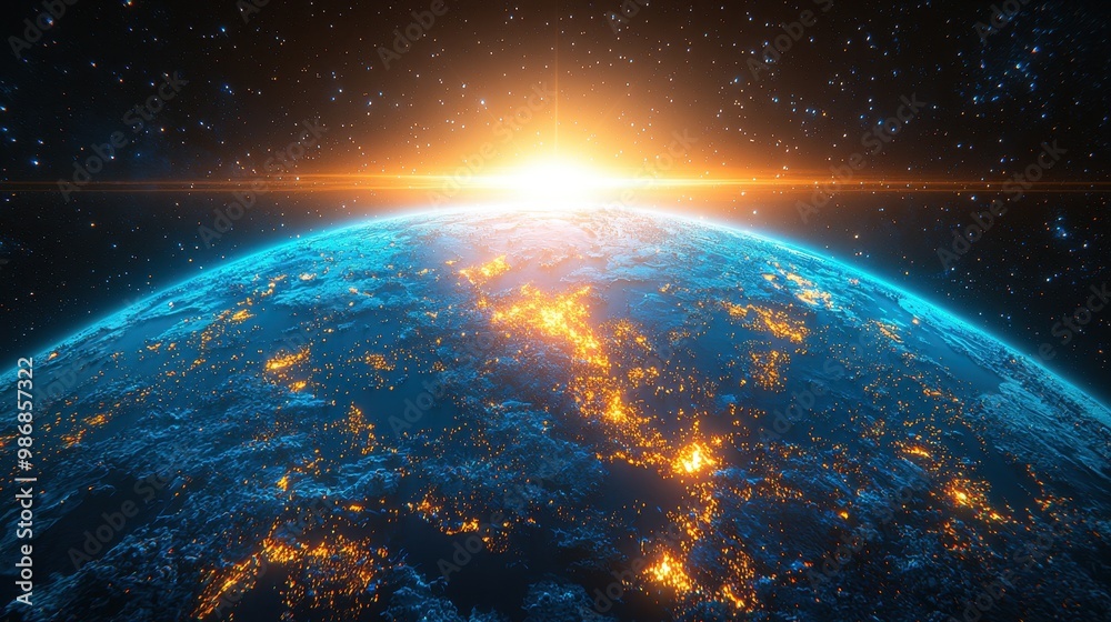 Obraz premium Earth From Space Sunrise Over City Lights D Rendering