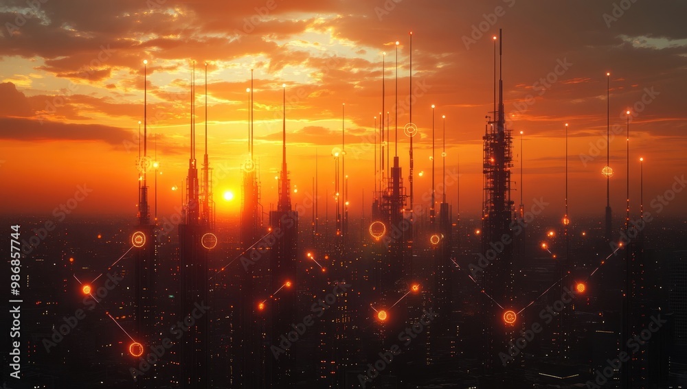 City View with Communication Towers and Glowing Lines City View with Communication Towers and Glowing Lines