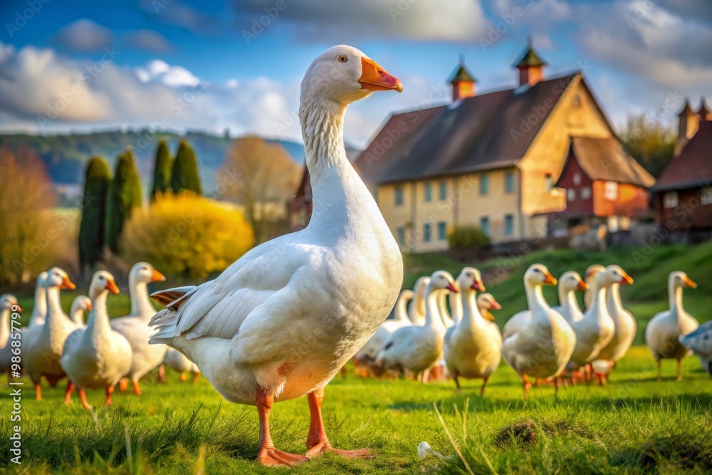 White domestic goose standing in a field, with other geese and buildings in the background White domestic goose standing in a field, with other geese and buildings in the background