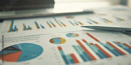 Close-up of portfolio analysis documents with financial graphs, pie charts, and data tables, illustrating detailed evaluation and strategic planning for investments