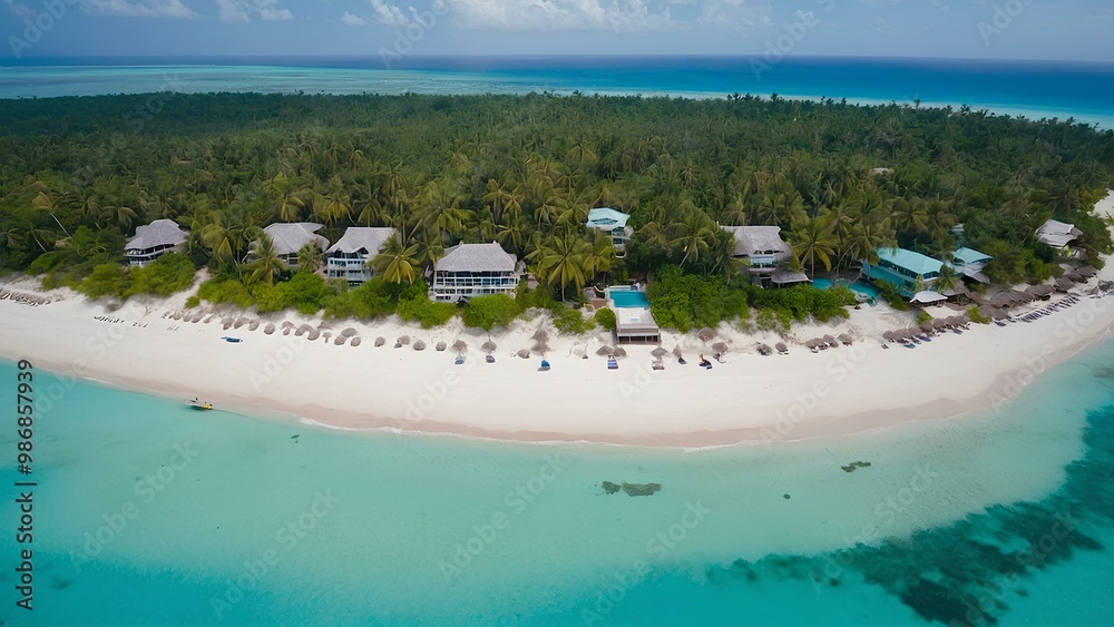 Idyllic White Sand Beach with Crystal Clear Waters and Palm Trees Under the Summer Sun Idyllic White Sand Beach with Crystal Clear Waters and Palm Trees Under the Summer Sun