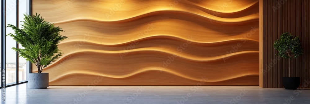 Modern interior design featuring a wavy wood wall with subtle lighting ...