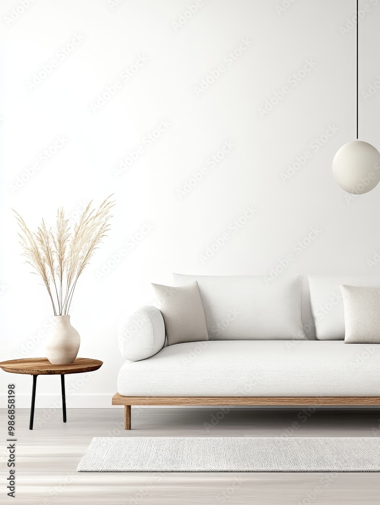 Modern Minimalist Living Room with White Sofa and Pampas Grass, showcasing a clean and simple design with a white sofa, pampas grass in a vase, a wooden coffee table, and a white pendant light. Modern Minimalist Living Room with White Sofa and Pampas Grass, showcasing a clean and simple design with a white sofa, pampas grass in a vase, a wooden coffee table, and a white pendant light.