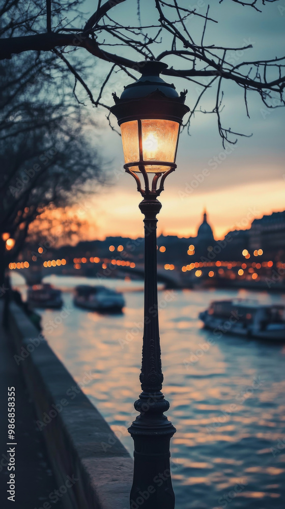 Obraz premium A street lamp is lit up in the evening by the water