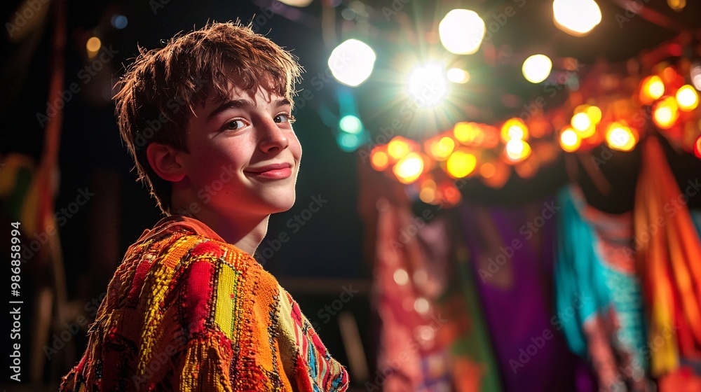 A lively young performer practices his dialogue under glowing lights, surrounded by a dazzling display of costumes. A lively young performer practices his dialogue under glowing lights, surrounded by a dazzling display of costumes.