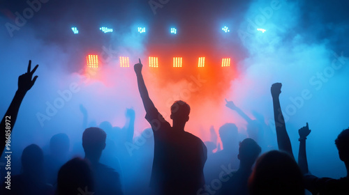Silhouettes of people dancing at a crowded party,  with a stage and lights in the background, conveying energy, joy, community, music, and celebration.