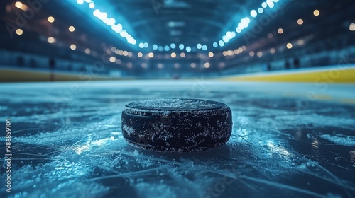 Hockey Puck in the Center of Ice Rink with Stadium Lights in Background – Dark, Moody Atmosphere, Minimalistic Composition, Wide-Angle Photorealistic Shot with Cinematic Lighting

 photo