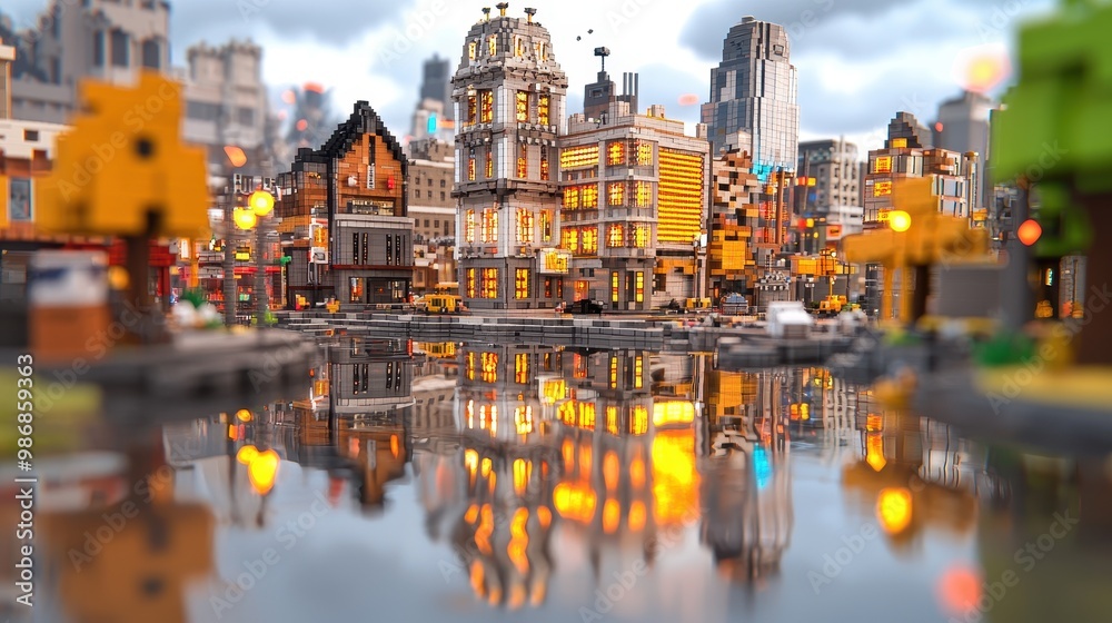 Pixelated Cityscape with Water Reflection and Light