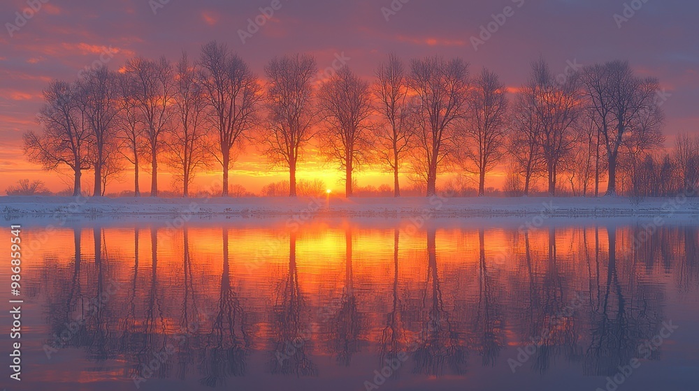 Fototapeta premium Winter Sunrise Reflection in Still Water with Trees Silhouettes
