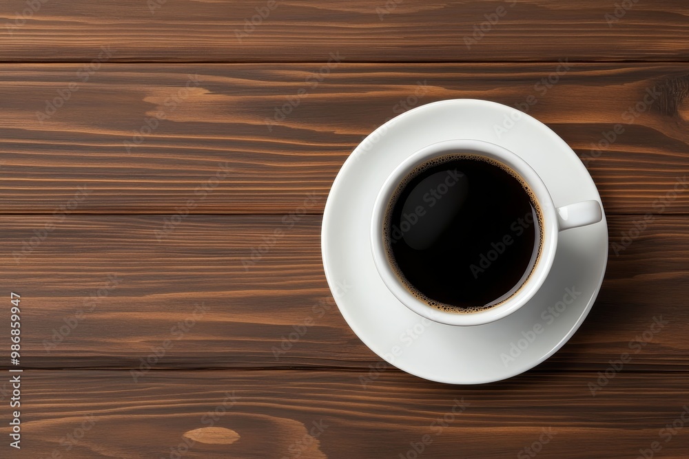 Top View of a Cup of Coffee on Rustic Wooden Table,  warm drink, morning routine, caffeine boost, wood texture