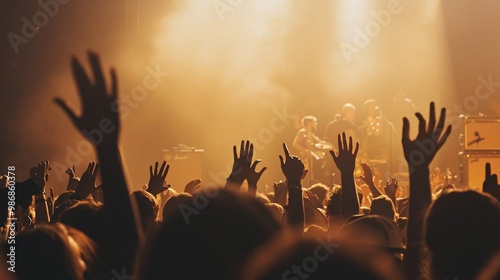 A lively audience celebrates in unison, their hands uplifted in a fervent display of joy for the electrifying atmosphere of live music.