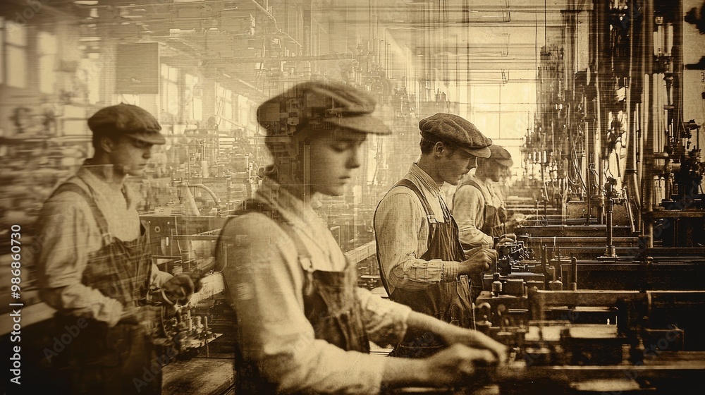 Retro Factory Workers Walking Through Industrial Production Facility Retro Factory Workers Walking Through Industrial Production Facility
