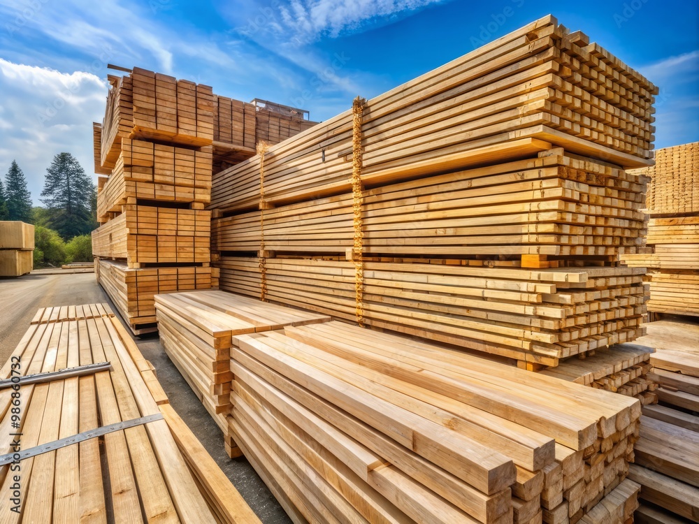 Wooden scaffold planks are neatly stacked and prepared for immediate use on a busy construction site. Wooden scaffold planks are neatly stacked and prepared for immediate use on a busy construction site.