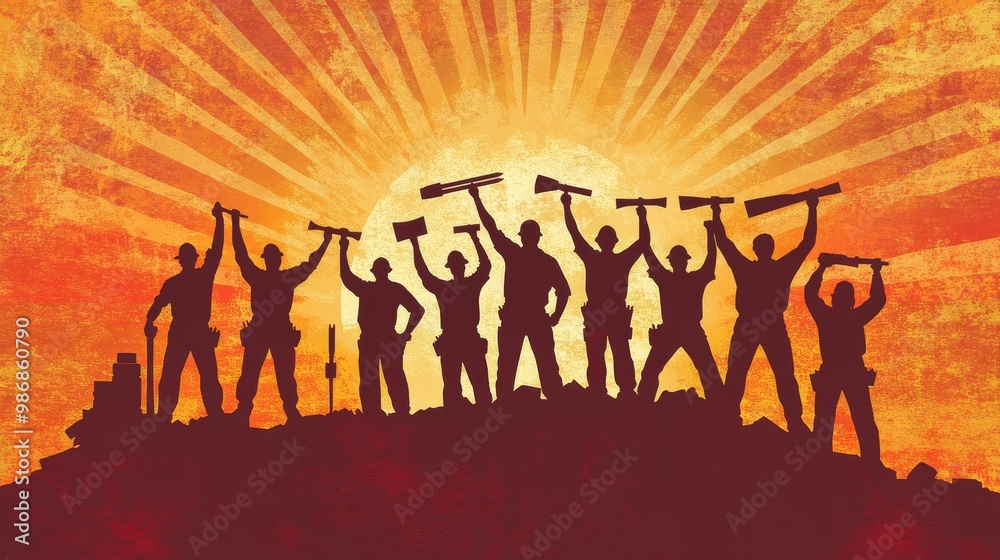 Silhouette of Construction Workers Celebrating Labor Day at Sunrise motivational background Silhouette of Construction Workers Celebrating Labor Day at Sunrise motivational background