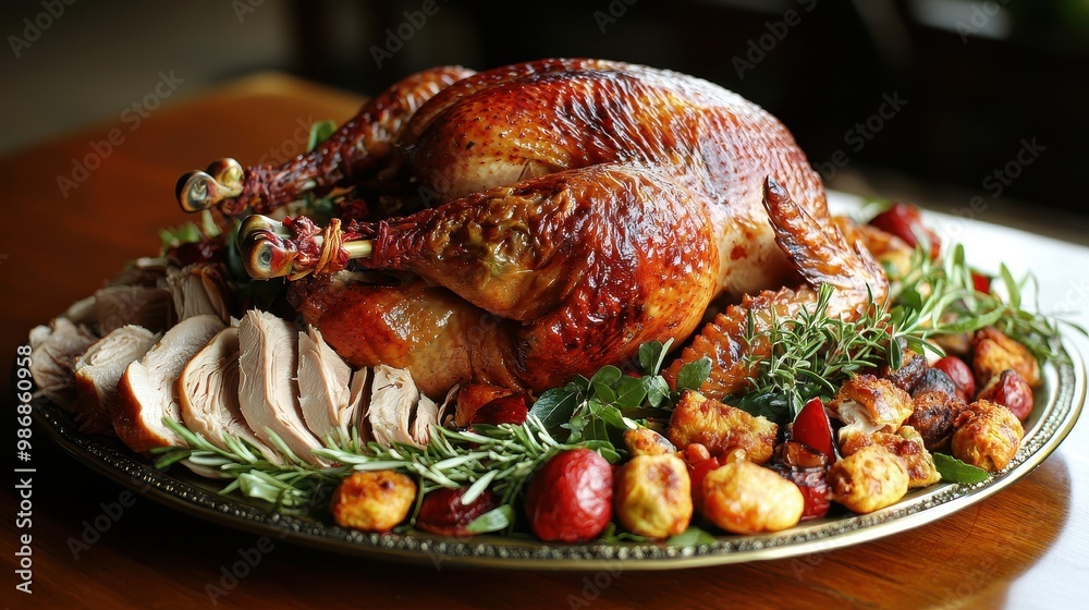 Fototapeta premium A large turkey is surrounded by a variety of vegetables