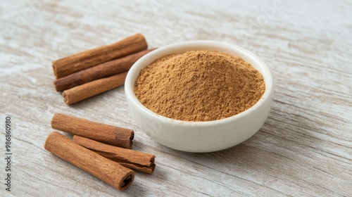 a bowl of cinnamon powder on a wooden surface