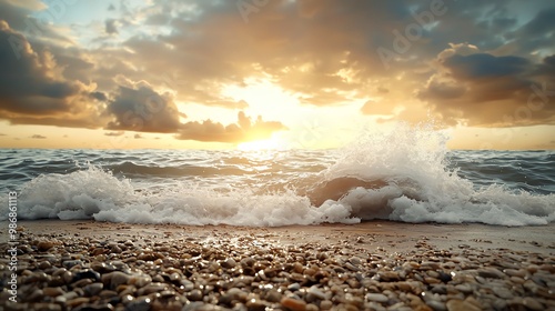 Ocean waves crashing against rocky shore, stormy sky, 3D illustration