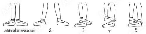 クラシックバレエの5つの足のポジションの線画のベクターイラストレーションのセット