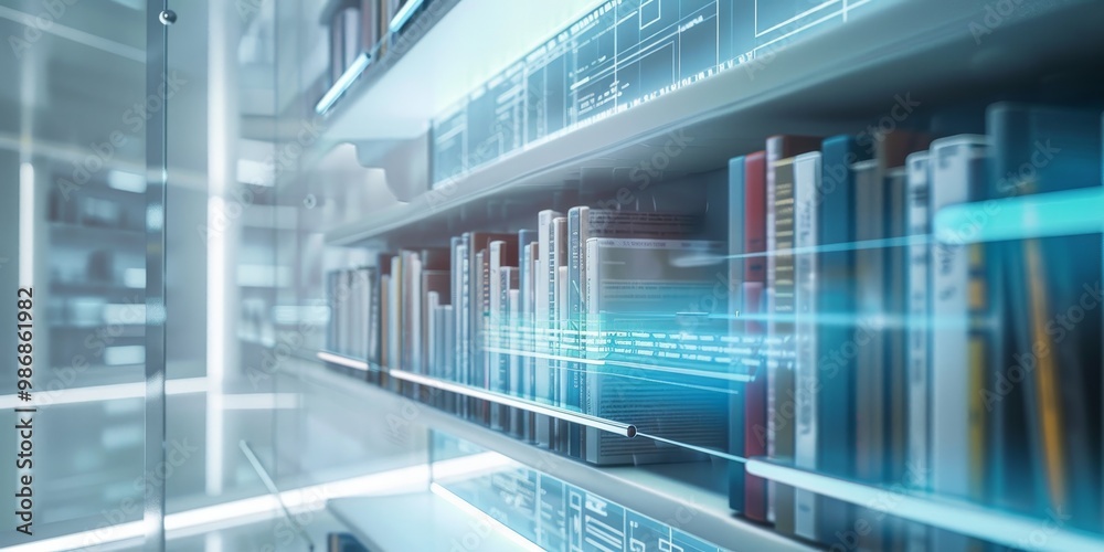 Close-up of a modern virtual bookshelf with interactive digital books, featuring a sleek design and futuristic background elements, emphasizing the high-tech nature of the setup Close-up of a modern virtual bookshelf with interactive digital books, featuring a sleek design and futuristic background elements, emphasizing the high-tech nature of the setup