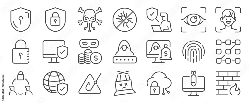 Cybersecurity icon set. It included hack, 2fa, data breach, biometric scan, and more icons. Editable Vector Stroke.
