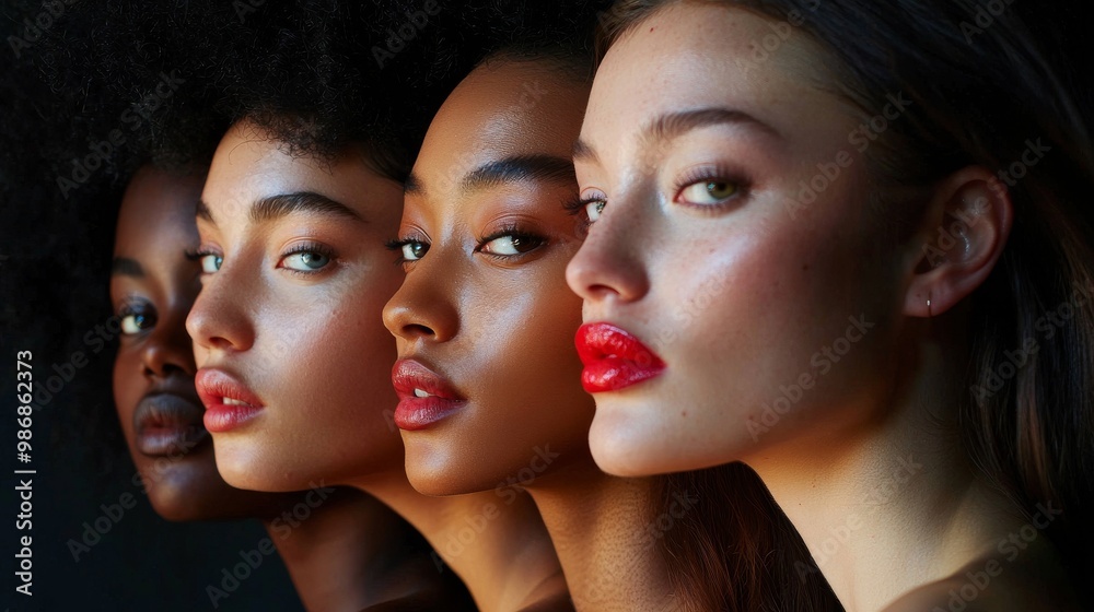Beauty photography featuring a diverse group of models with glowing skin and perfect makeup, shot under studio lighting Beauty photography featuring a diverse group of models with glowing skin and perfect makeup, shot under studio lighting