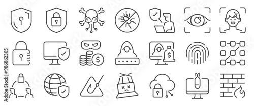 Cybersecurity icon set. It included hack, 2fa, data breach, biometric scan, and more icons. Editable Vector Stroke.
