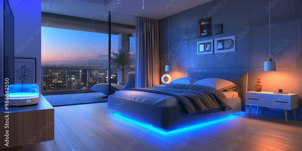 A stylish modern smart home bedroom with interconnected devices such as smart lighting, an intelligent climate system, and a voice assistant, all controlled from a central hub