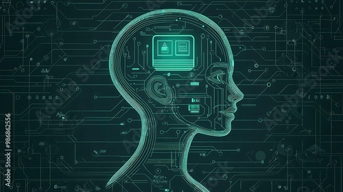 A green head with a computer chip in the middle of it photo