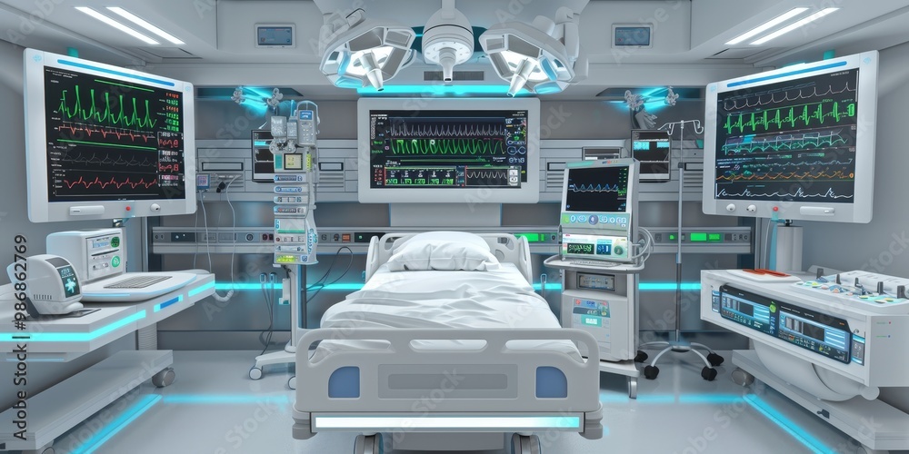 Ventilator and life support equipment with detailed control panels and monitoring screens, arranged around a hospital bed, representing advanced medical care in a high-tech environment Ventilator and life support equipment with detailed control panels and monitoring screens, arranged around a hospital bed, representing advanced medical care in a high-tech environment