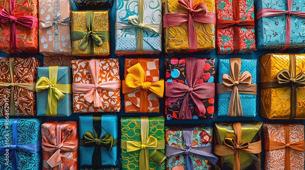 Vibrantly wrapped presents adorned with festive ribbons promise delight and anticipation for any festive occasion. Vibrantly wrapped presents adorned with festive ribbons promise delight and anticipation for any festive occasion.