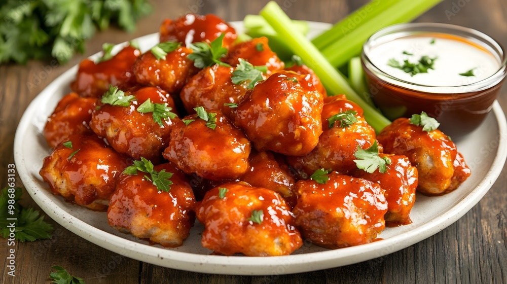 Boneless chicken wings dipped in buffalo and BBQ sauce, arranged on a plate with celery sticks and a dipping sauce. Boneless chicken wings dipped in buffalo and BBQ sauce, arranged on a plate with celery sticks and a dipping sauce.