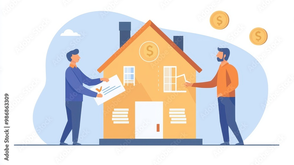 Two men are standing in front of a yellow house Two men are standing in front of a yellow house