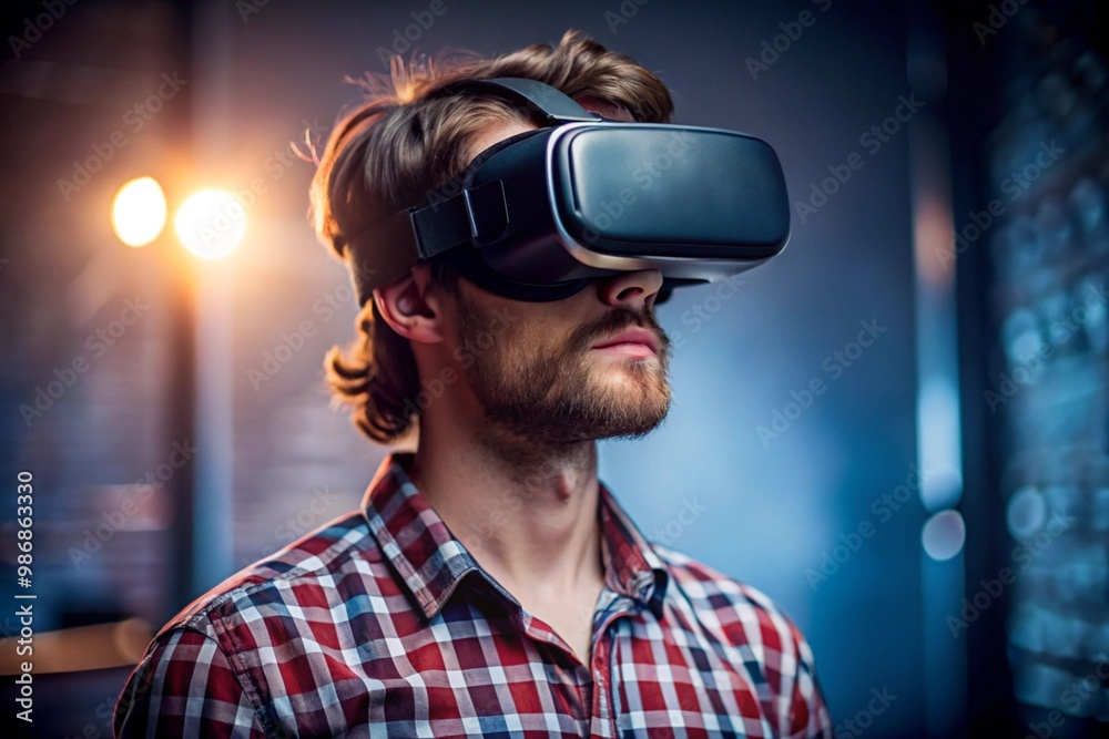 A man wearing a virtual reality headset is looking at a screen A man wearing a virtual reality headset is looking at a screen