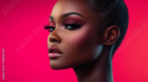 Editorial fashion beauty photography showcasing sleek hair and flawless makeup in a vibrant studio setting, with bold styling and modern aesthetics