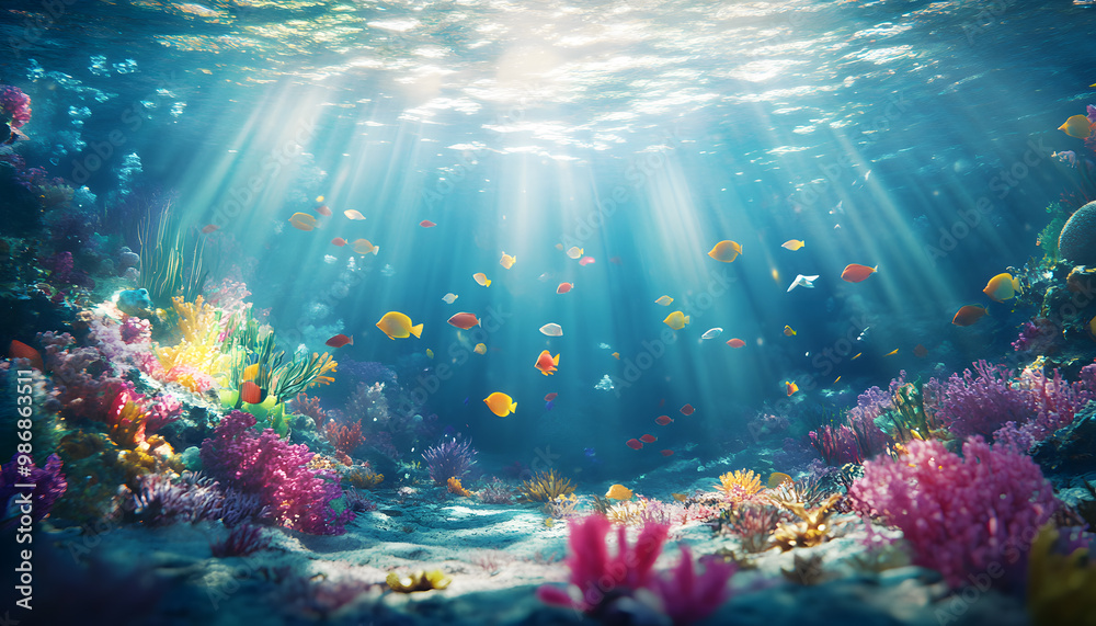 Obraz premium A dreamy underwater scene with schools of colorful fish, corals, and rays of sunlight penetrating through the water’s surface