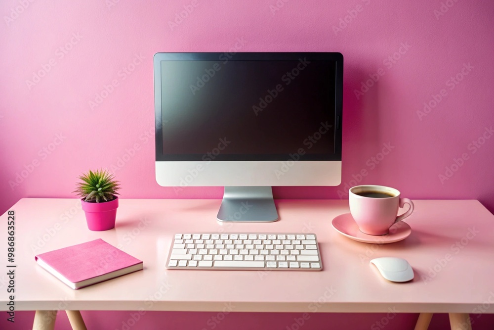 A computer desk with a pink wall and a pink chair A computer desk with a pink wall and a pink chair