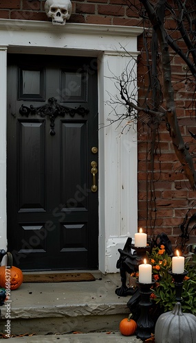 Halloween Doorstep with Skulls and Black Candles – Spooky and Eerie Decorations photo