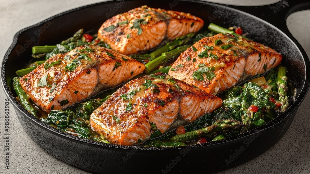Grilled Salmon with Asparagus and Spinach in Cast Iron Pan Grilled Salmon with Asparagus and Spinach in Cast Iron Pan