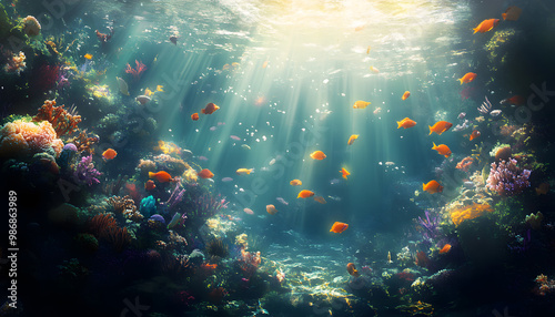 A dreamy underwater scene with schools of colorful fish, corals, and rays of sunlight penetrating through the water’s surface