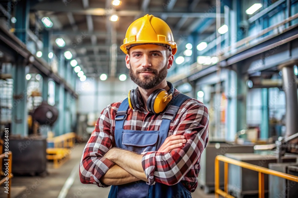 A man wearing a yellow hard hat and a red A man wearing a yellow hard hat and a red