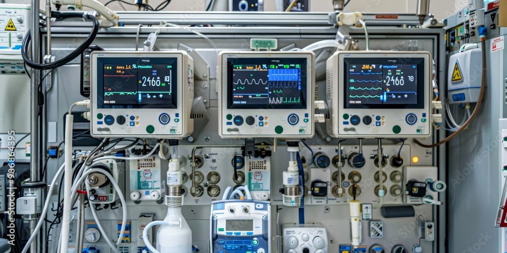Detailed view of a life support machine with ventilator components, including alarms and display screens, in a critical care setting, illustrating the sophistication of modern medical technology Detailed view of a life support machine with ventilator components, including alarms and display screens, in a critical care setting, illustrating the sophistication of modern medical technology