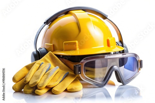 A yellow hard hat, safety glasses and gloves are displayed on a white background photo