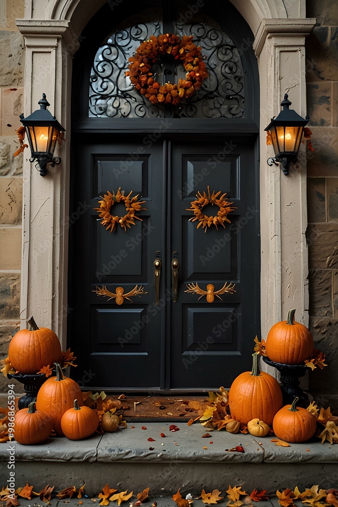 Obraz premium Spooky Halloween Door Decor with Pumpkins, Spider Webs, and Flickering Lanterns