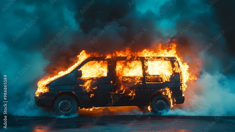 Burning van with flames and smoke, isolated on a blue background. Burning van with flames and smoke, isolated on a blue background.