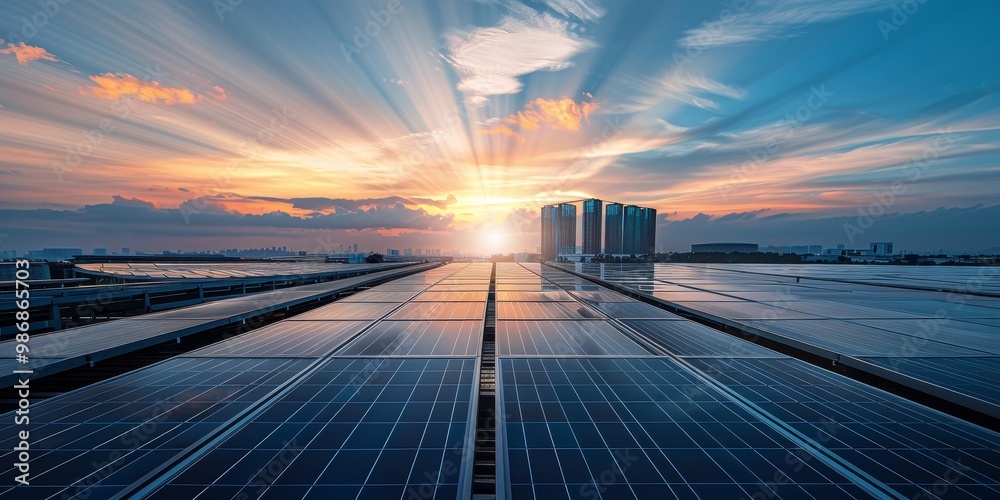 Obraz premium A modern industrial factory with an extensive solar panel array on its roof, integrating clean energy technology into its daily operations and manufacturing processes