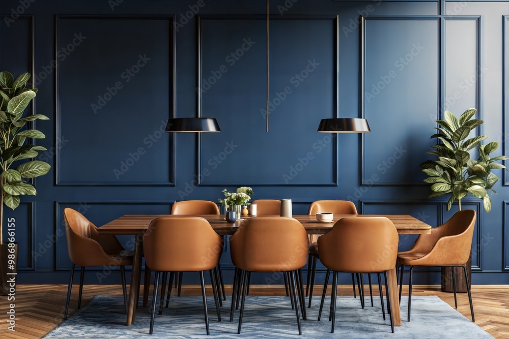 Luxury BLUE Home mockup, modern dark blue dining room interior with brown leather chairs, wooden table and decor, 3d render Luxury BLUE Home mockup, modern dark blue dining room interior with brown leather chairs, wooden table and decor, 3d render