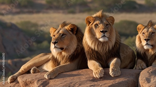 A pride of lions resting together on a rocky outcrop, with the dominant male standing tall and scanning the horizon, as the cubs play nearby  photo