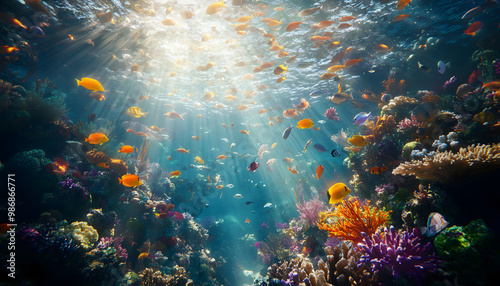 A dreamy underwater scene with schools of colorful fish, corals, and rays of sunlight penetrating through the water’s surface